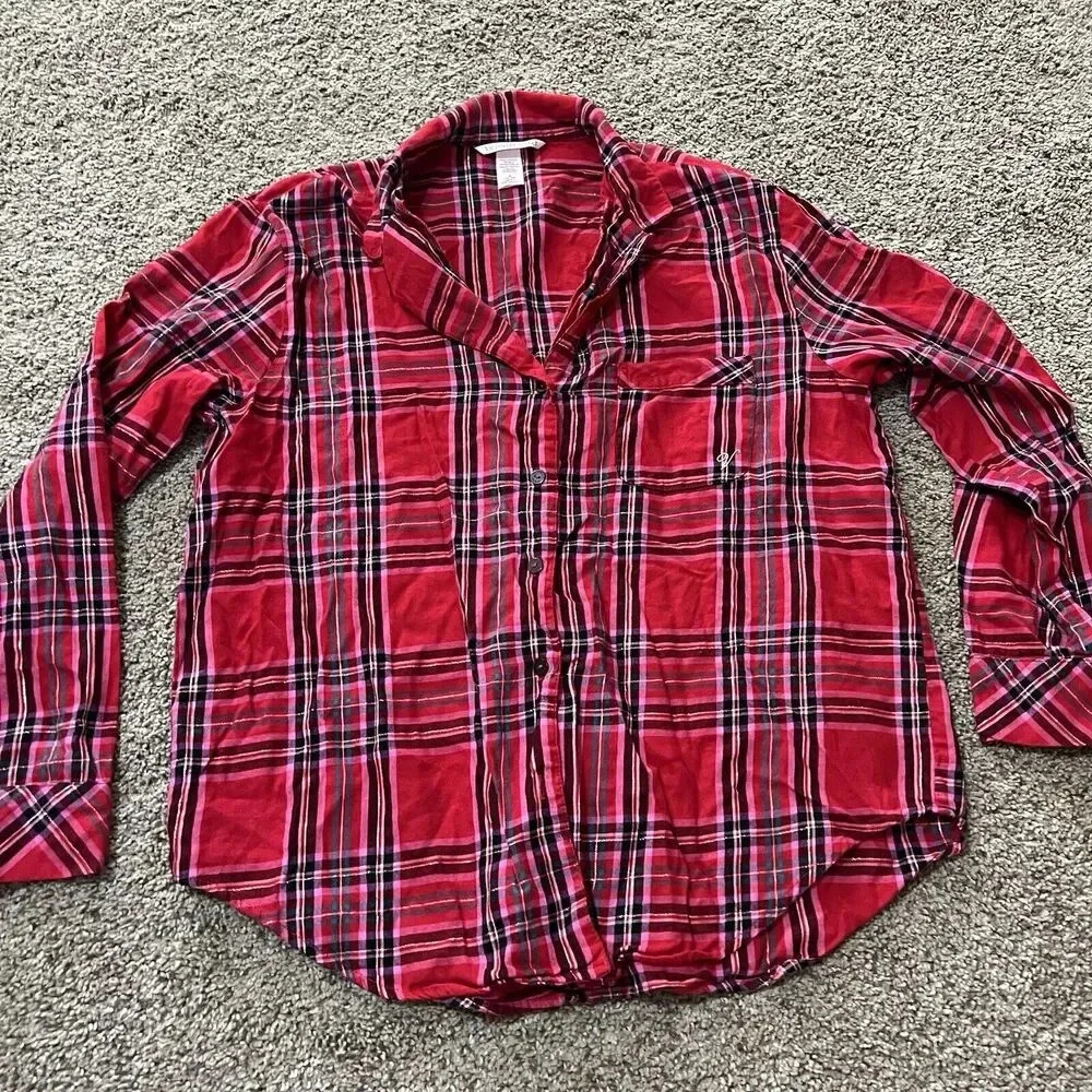 Victorias Secret Womens Red Pink Metallic Plaid Flannel PJ Pajama Shirt Sleep